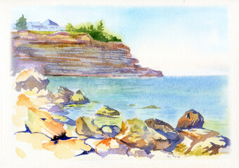 Marine watercolor landscape. Rocky seashore and coastal rocks. Quick watercolor sketch