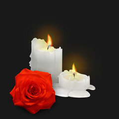 Realistic candles and rosebud on a black background. Vector illustration