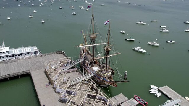 Mayflower II is a reproduction of the 17th century ship docked at town of Plymouth, Massachusetts, USA - orbit, Aerial