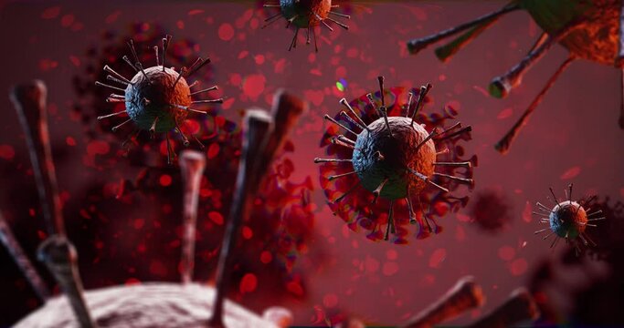 Coronavirus Covid-19 macro animation rendering of red pathogen viruses floating on blood cells and hemoglobin background. Detailed 4K Nuclear 3D Render.