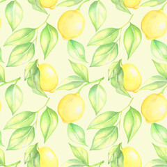 Watercolor seamless lemon pattern isolated on pale yellow background.Perfect for textile,clothes,fabrics and more.