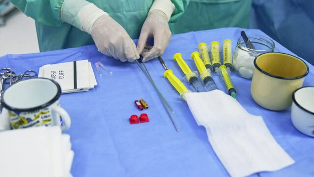 Hands of medic in latex gloves touching tools on the table. Assistant preparing instruments and materials for stem cell operation. Close up.