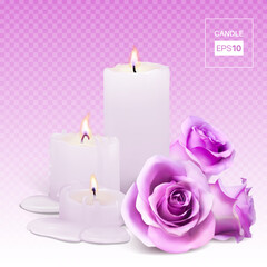 Realistic candles and rosebuds on a transparent background. Vector illustration