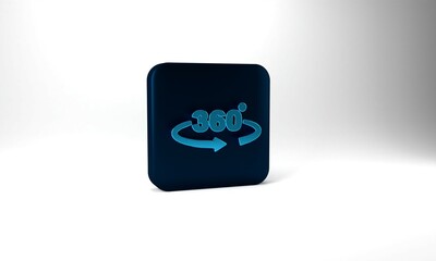 Blue 360 degree view icon isolated on grey background. Virtual reality. Angle 360 degree camera. Panorama photo. Blue square button. 3d illustration 3D render