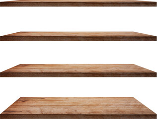 collection of wooden shelves on an isolated  - obrazy, fototapety, plakaty