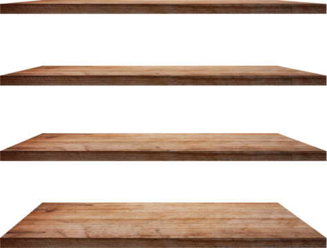 collection of wooden shelves on an isolated 