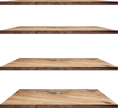 collection of wooden shelves on an isolated 