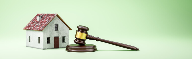 Judge's Gavel and House on Green Background