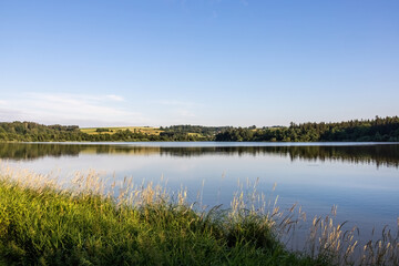 Summer morning landscape with pond and forest under blue sky