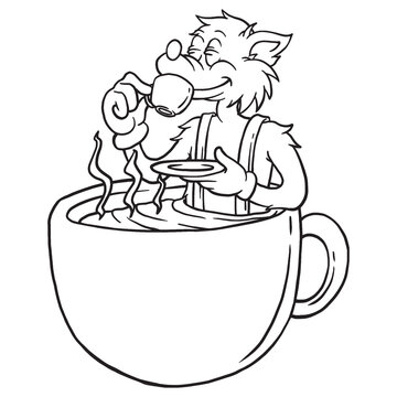 Coloring illustration of cartoon dog drinking inside the cup mascot