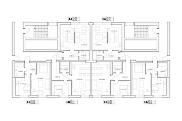 Townhouse building detailed architectural technical drawing, vector blueprint