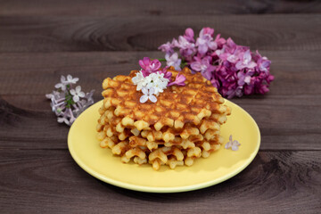 A stack of homemade waffles in lilac colors, home comfort and pastries