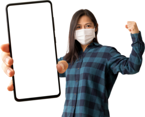 Asian women wear medical face mask with holding big smartphone with empty free space for mock up
