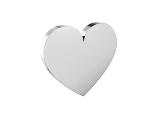 Flat metal heart. Silver one color. Symbol of love. On a plain white background. View left side. 3d rendering.