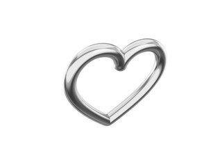 Toy metal heart. Silver mono color. Symbol of love. On a white solid background. Top view. 3d rendering.