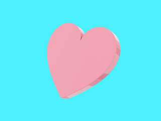 Flat heart. Symbol of love. Pink single color. On a blue monochrome background. Bottom view. 3d rendering.