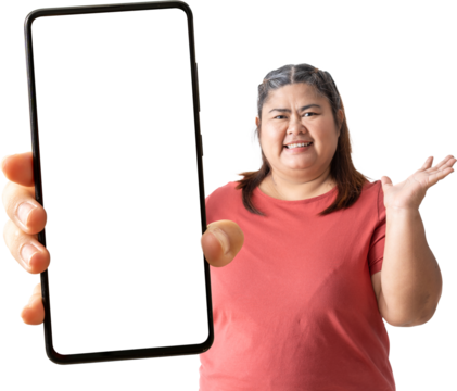 Happy asian fat woman holding big smartphone with empty free space for mock up