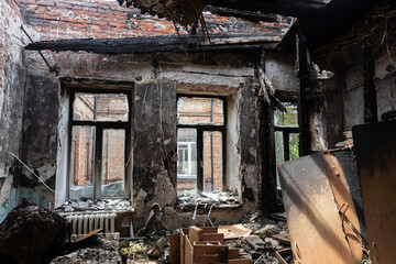 Destroyed city hospital in historical downtown in Kharkiv