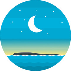 Obraz na płótnie Canvas Ocean blue sea with crescent moon and stars in twilight evening time in circle png design.