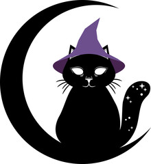 Black magic witch cat wear purple hat sitting on crescent moon with stars boho png design.