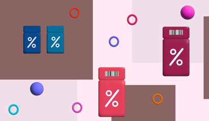 Business banner with coupons 3d. Discount, gift voucher, ticket with promo code. Percent sign on flying coupon, loyalty program sale. Lucky profitable bonus, win, free voucher. Vector illustration.