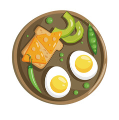 Breakfast on a plate boiled eggs with tomato avocado a slice of bread and herbs. Healthy breakfast. Top view flat vector illustration.