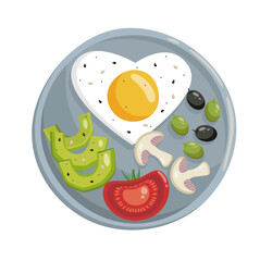 Scrambled eggs in the shape of heart on plate. Healthy breakfast. Vector flat illustration of an egg.
