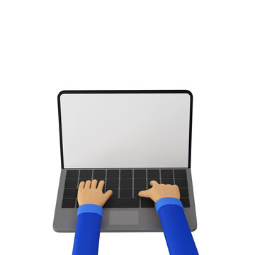 3D Render Of Human Hands Typing on Laptop with Blank Screen for your Product Advertisement, Website or Landing Page Presentation etc.
