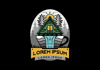 Wood cabin and pine trees on the coffee cup shape with waterfall illustration