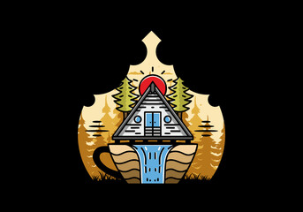 Wood cabin and pine trees on the coffee cup shape with waterfall illustration