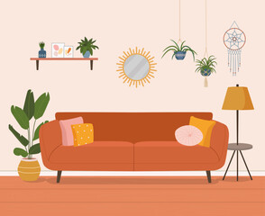 Furniture: sofa, bookcase, lamp and plants. Living room interior. Flat style vector illustration