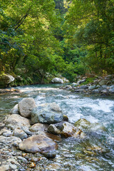 The Lao River flows through Calabria and Basilicata, Italy. It is part of the Pollino nature reserve which has been recognized by Unesco. There are also canyons there. River with stones in foreground.