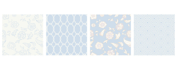 Set of delicate light blue and white wedding stationery seamless patterns. Vintage floral pattern. Hand drawn.