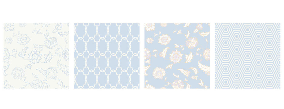 Set of delicate light blue and white wedding stationery seamless patterns. Vintage floral pattern. Hand drawn.