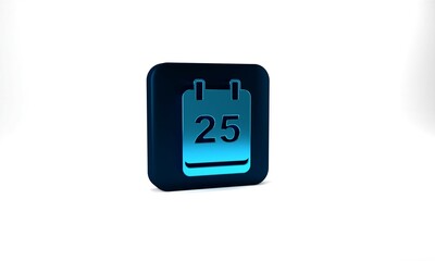 Blue Christmas day calendar icon isolated on grey background. Event reminder symbol. Merry Christmas and Happy New Year. Blue square button. 3d illustration 3D render