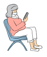 senior Traveler woman with mask at airport cartoon hand drawing illustration