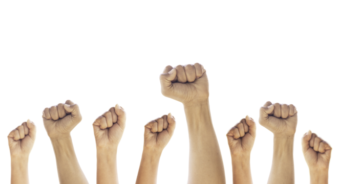 Hand of people arm raising up showing power strong with sky at sunrise background .success concept