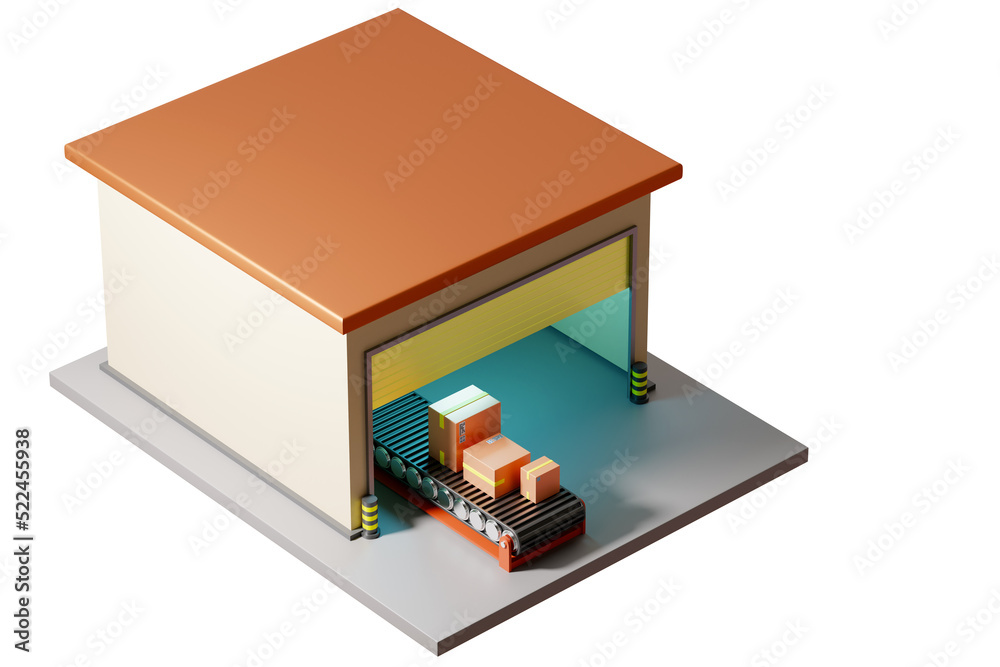Poster automated warehouse. building layout with conveyor on white. warehouse automation technology. convey