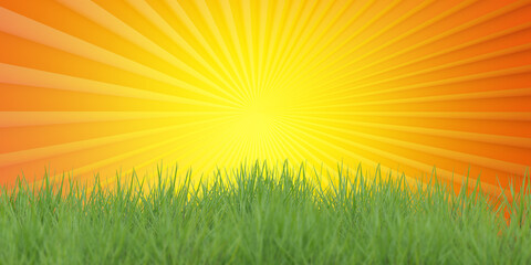 Obraz premium Grass line. Yellow background symbolizes sun. Summer green grass. Grass line under orange background. Places for writing. Background for texts about nature. Spring mood concept. 3d rendering.