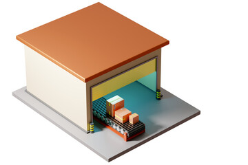 Automated warehouse. Building layout with conveyor on white. Warehouse automation technology. Conveyor with boxes. Warehouse with automatic processing of goods. Innovative storage systems. 3d image.
