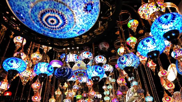Low Angle View Of Antique Arabic Lanterns Hanging In Gift Shop - Dubai, United Arab Emirates