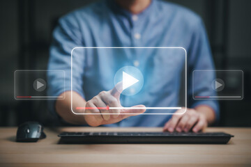 Man using mouse and keyboard for streaming online, watching video on internet, show or tutorial, live concert, Video streaming on internet Concept