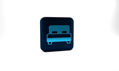 Blue Big bed for two or one person icon isolated on grey background. Blue square button. 3d illustration 3D render