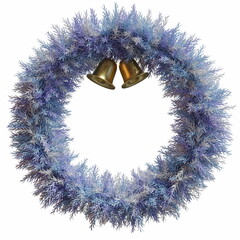 Christmas wreath with golden bells snow-covered branches violet blue, isolated on a white background, 3d render, 3d illustration
