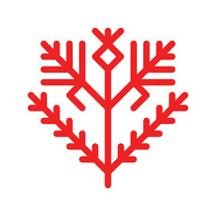 Vector concept has red simplified symbol of bush with berry. Outline icon of plant is traditional ornamental element of Karelia and Finland peoples. Decorative sign of shrub for native embroidery