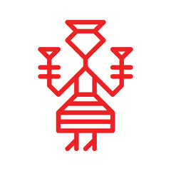 Vector ornamental concept for embroidery. Red symbol of Finnish woman. Outline icon of Karelian girl dressing in traditional national costume. Decorative sign of female person holding flowers