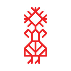 Vector ornamental concept has red simple symbol of woman. Outline icon of girl in traditional national dress of Karelia and Finland peoples. Decorative sign of female person for native embroidery