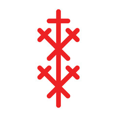 Vector flat illustration with red simplified symbol of plant. Outline icon of bush is traditional ornamental element of Karelia and Finland peoples. Decorative sign of shrub for native embroidery