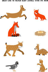 Obraz premium Draw line from mother to baby cute cartoon vector illustration with forest animals. Activity page for kids. . Matching game for children.