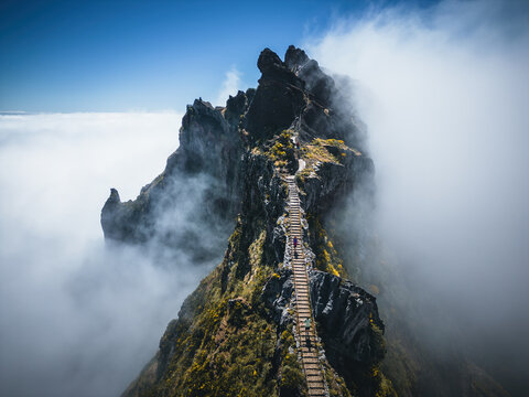 Aerial view of footpath on Pico do Arieiro above clouds, Madeira, Portugal